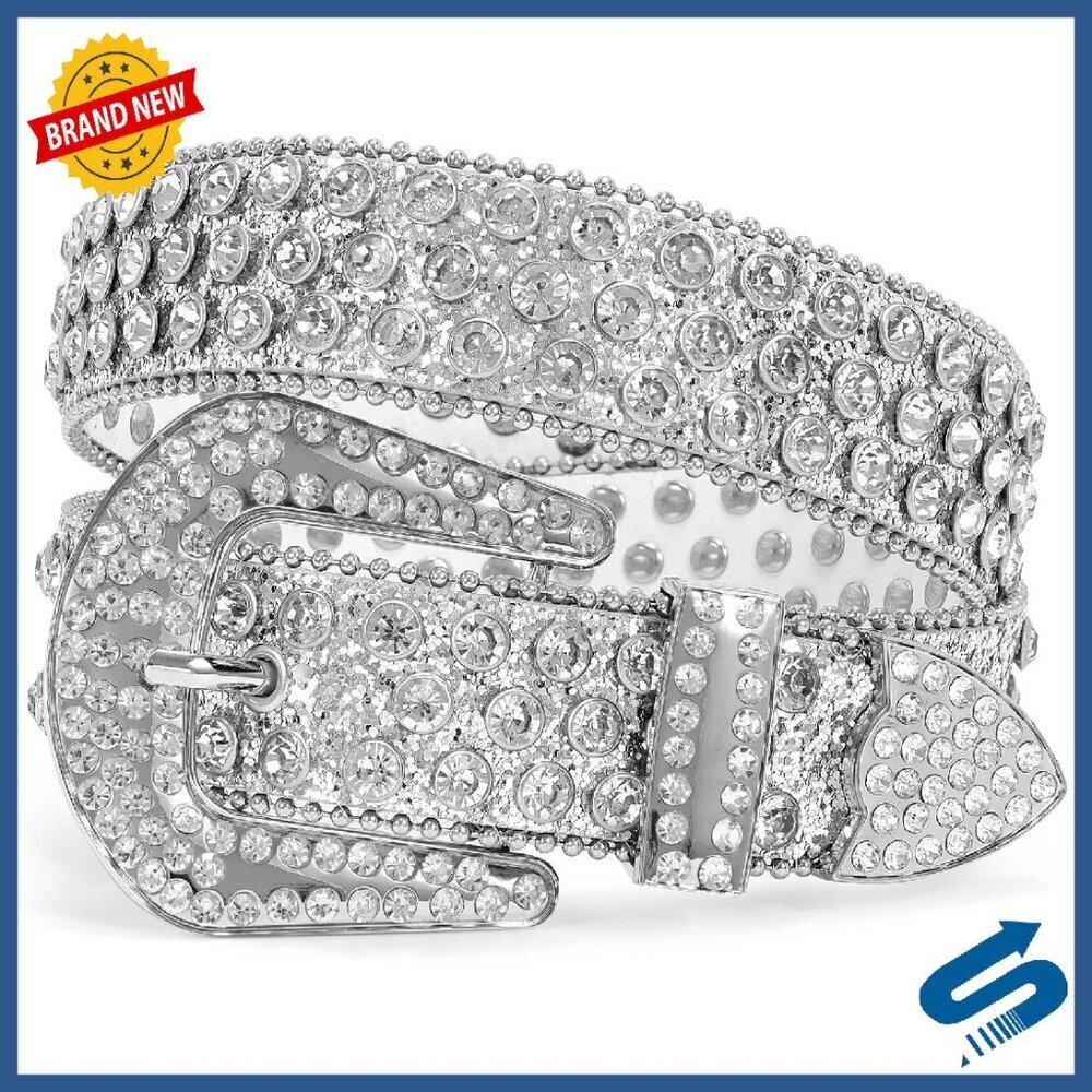 Studded Leather Belt with Rhinestone Western Buckle Unisex 1.5" Wide